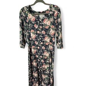 Vintage 90s midi black dress with pink rose floral, faux pearl, corset tie back